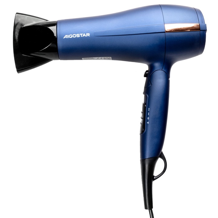 Uscator de par AIGOSTAR Compact 2200W, 2 viteze, 3 temperaturi, albastru, cu maner pliabil, set cu duza concentratoare