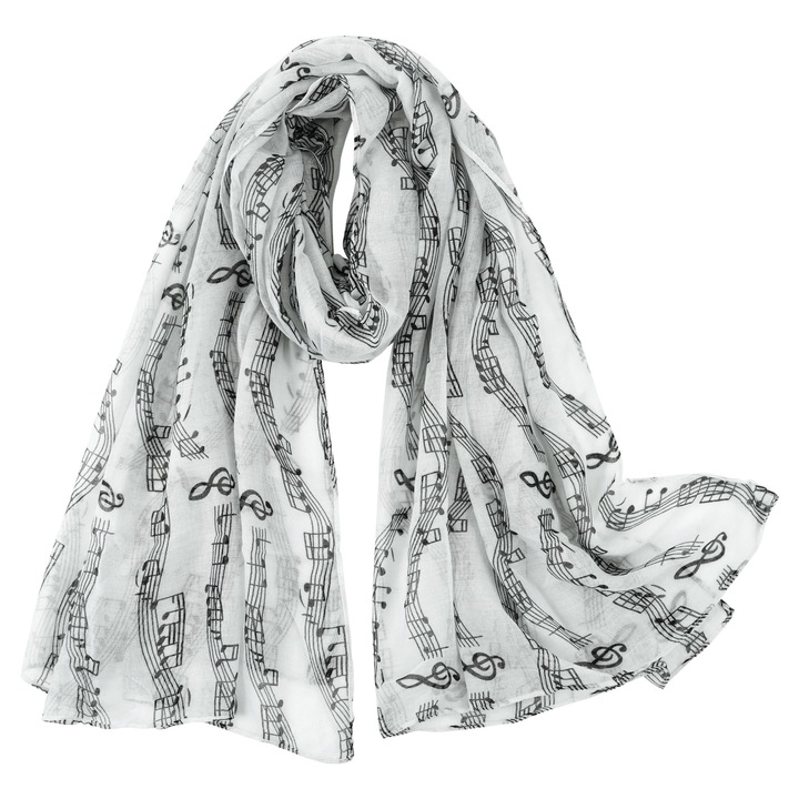 Esarfa dama, GOGOU, imprimeu muzical, matasoasa, alba, 90x180cm