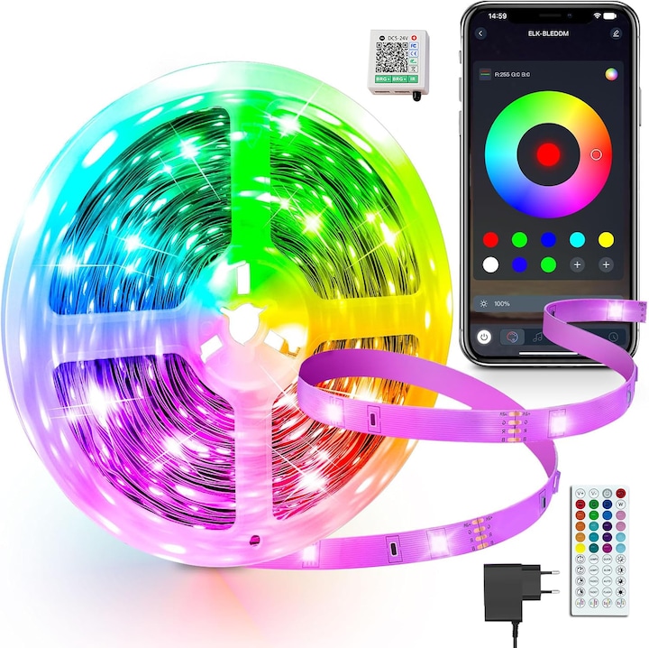 Banda LED RGB 10m, telecomandă, aplicație Bluetooth, mod muzică, multicolor