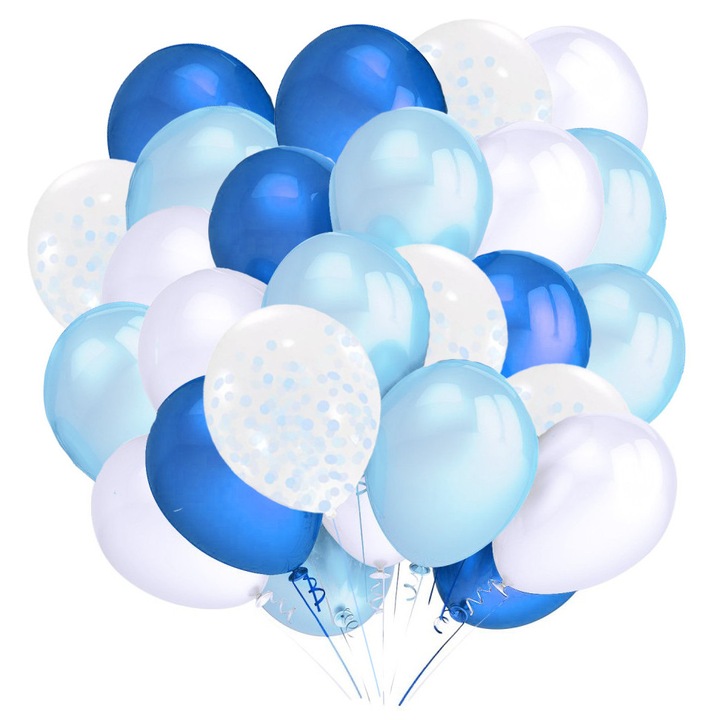 Комплект балони бели, сини, светлосини с конфети, 35 бр., 12 инча