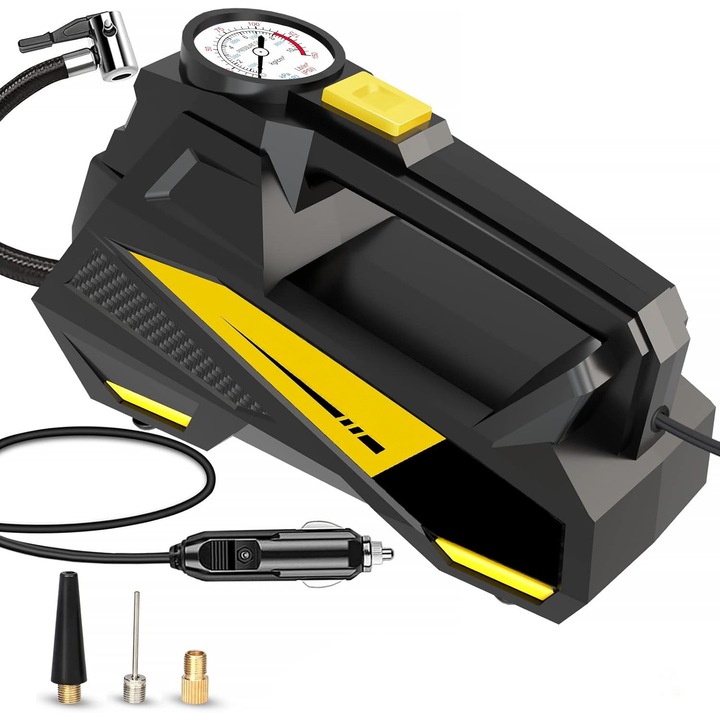 Compresor auto portabil NextWave 12V, manometru digital, 150 PSI, galben-negru