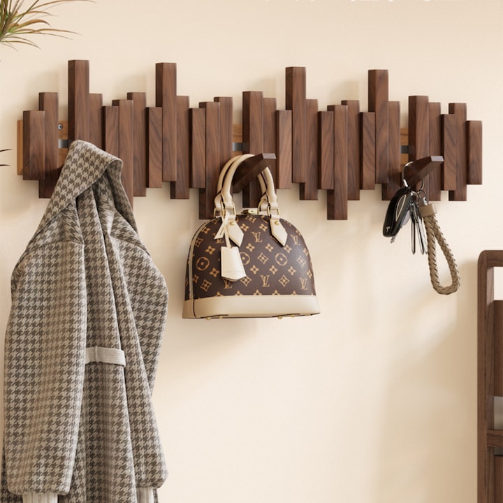 Закачалка – Стенна стойка за дрехи от масивно дърво с 3 скрити куки, Модерен дизайн - Лесен монтаж, Спестяване на пространство, Със или без пробиване