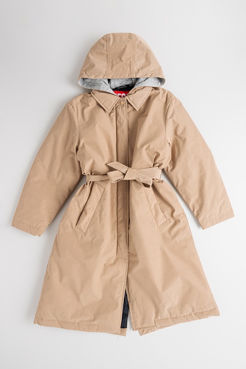 Diesel, Palton petrecut cu cordon in talie si gluga, Maro camel, 172-175 CM