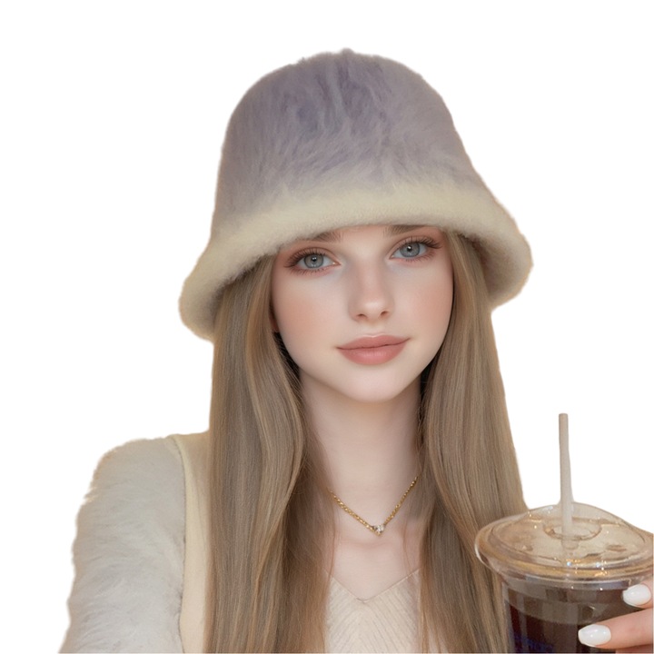 Női téli sapka, lila-átmenetes, bolyhos és elegáns, halász modell, nyúlszőr részletekkel, meleg, méret 55–60 cm