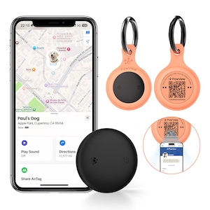Dispozitiv Anti-Pierdere PawView®, GPS Tracker Bluetooth Compatibil Apple Find My, Tag ID cu Cod QR pentru Caini, Pisici si Chei, Husa Silicon