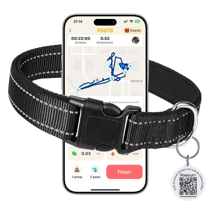 PAWDUCT Sistem 2-in-1: Zgarda Reflectorizanta Caini + Tag Inteligent QR Anti-Pierdere, Marimea S (20mm, 30–40cm), Negru