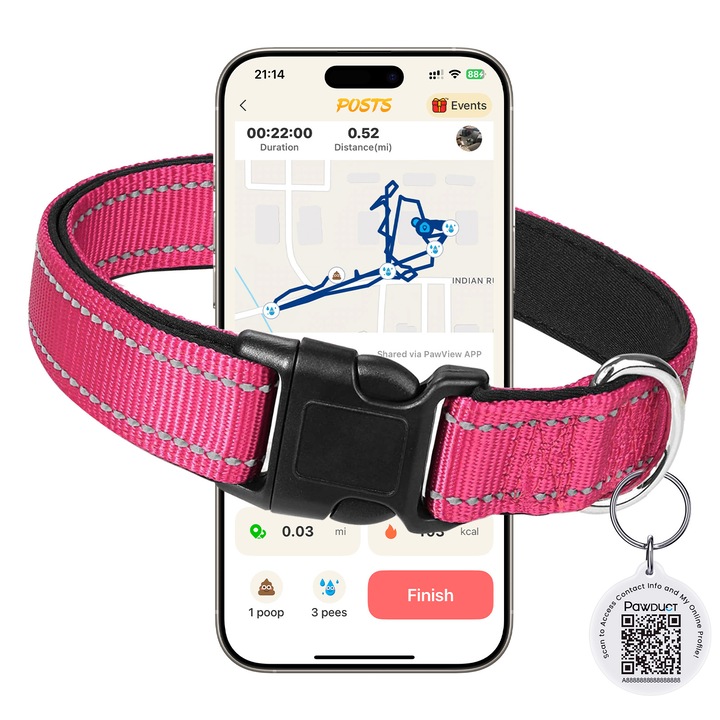 PAWDUCT Zgarda Reflectorizant pentru Caini Mici, XS (15mm, 20–30cm), Functie Dubla (Zgarda + Tag ID QR), Anti-Pierdere, Vizibilitate Imbunatatita, Profil Online si Management Sanatate, Roz