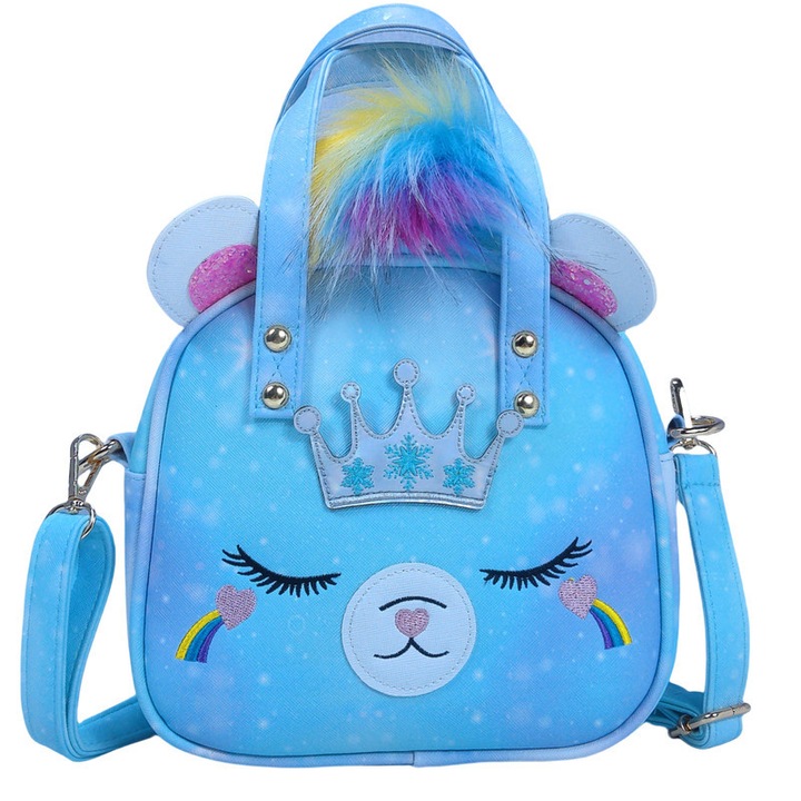 Geanta crossbody cu ursulet cartoon, cu pompon si coroana, multicolor, usoara