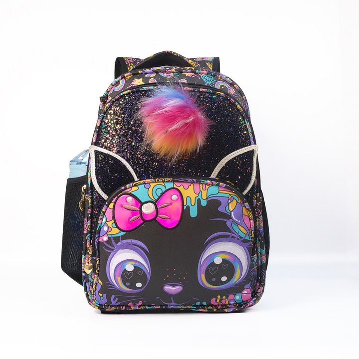 Ghiozdan unisex, 40x28x15cm, pisica cu ochi mari, pom-pom, rezistent la apa