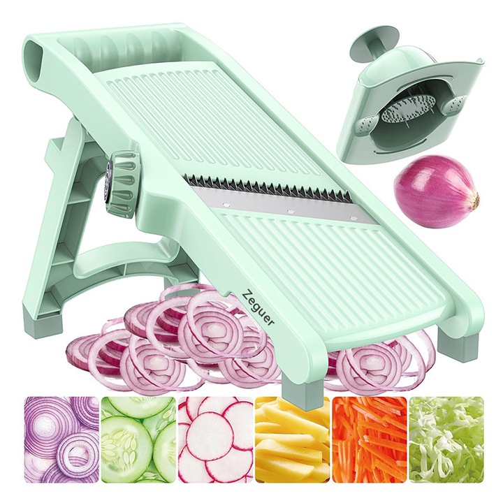 Многофункционална резачка Zeguer, за зеленчуци и плодове, сгъваема, въртяща се за регулиране на дебелината на резена, подвижни остриета от неръждаема стомана, зелена