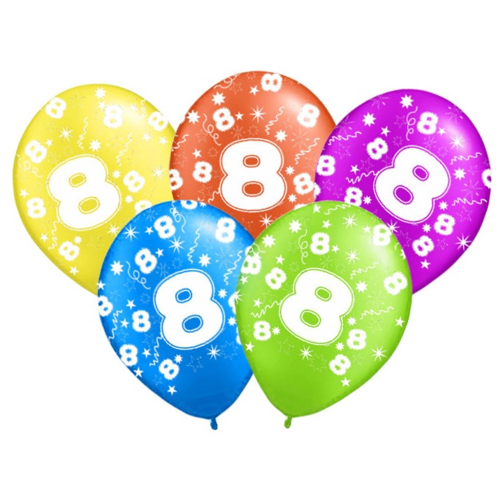 Цветни балони с цифра 8, PartyPro, комплект 5 броя, микс цветове, 40см