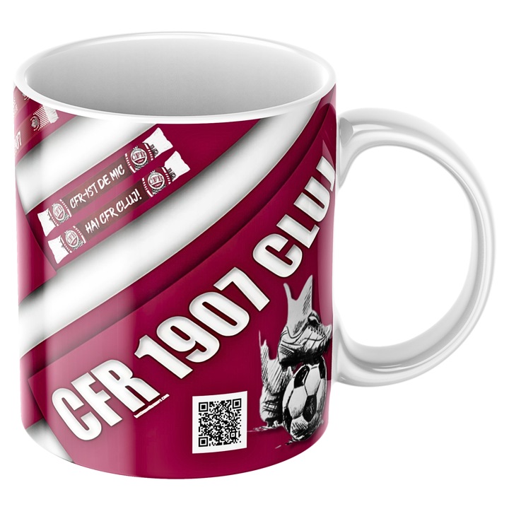 Cana personalizata - CFR Cluj, fotbal, cu cod QR pt imn, suporter, alba, ceramica, 330 ml, v12