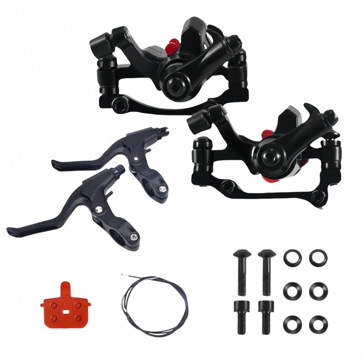 1 комплект от 2 спирачни апарата от сплав и 2 спирачни лоста, F160/R180 с накладки, със спирачни маркучи за планински велосипеди, шосейни велосипеди, велосипеди с фиксирана предавка, водоустойчиви, устойчиви на корозия, черни