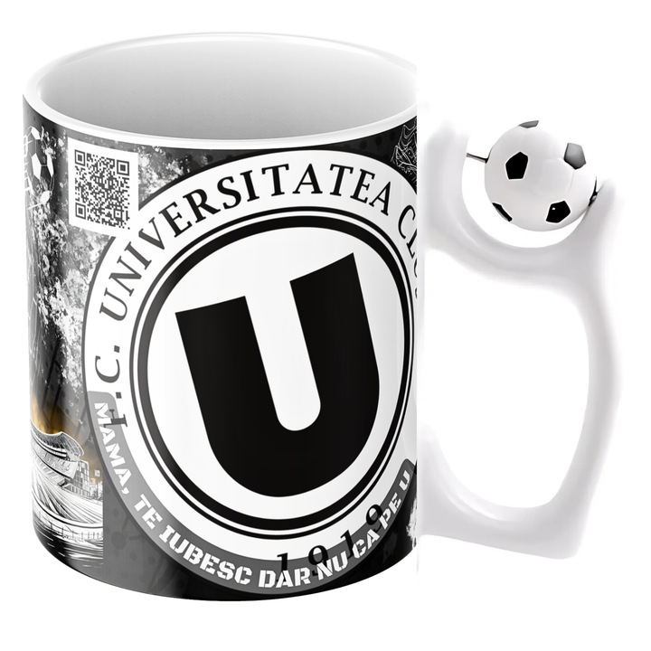 Cana personalizata - U Cluj, fotbal, cu cod QR pt imn, cu minge fotbal, suporter, alba, ceramica, 330 ml, v3