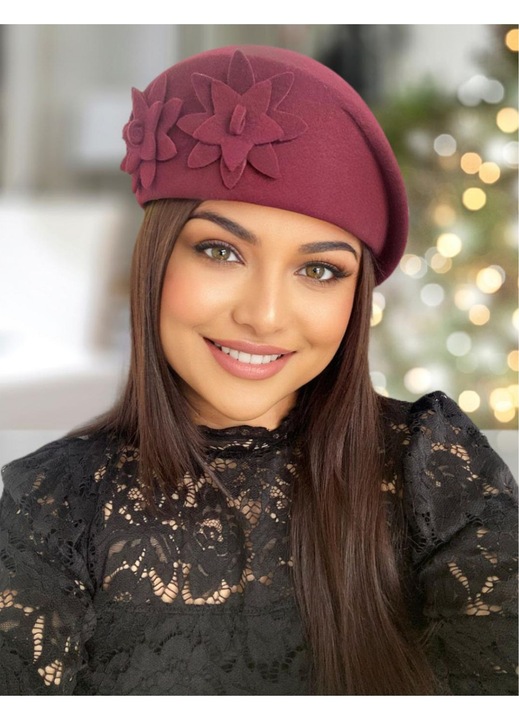 Caciula dama Confortino Ducess, Fetru italian 100% lana, Grena, Marime Unica, Fabricata in Romania