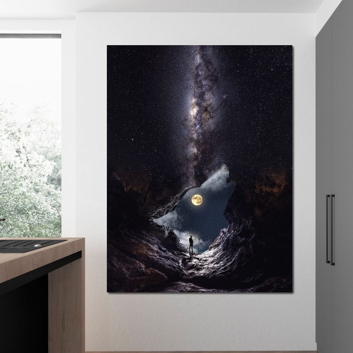 Премиум Канава Картина, LuxCanva® M1468, Гласът на Вселената, 100 X 135 CM, 100% Памучно Платно 400гр/м2, Дървена Рамка, Космос, Луна, Вълк, Звезди, Нощ, Сънища, Мистичен, Съдба, Вечност, Пътека, Офис, Всекидневна, Детска стая