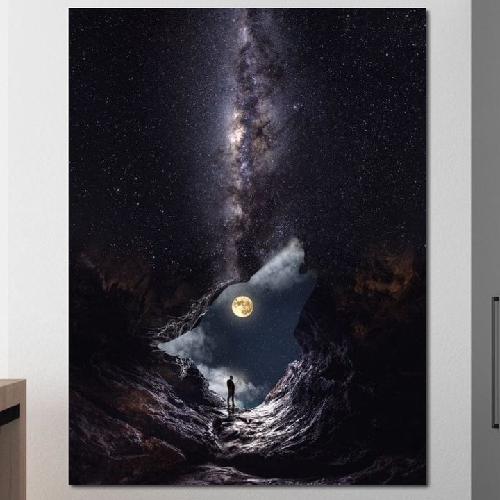 Tablou Canvas Premium, LuxCanva® M1468, Glasul Universului, 90 X 120 CM, Panza Bumbac 100% 400g/m2, Sasiu Lemn, Cosmos, Luna, Lup, Stele, Noapte, Vis, Mistic, Destin, Eternitate, Carare, Birou, Living, Camera Copil