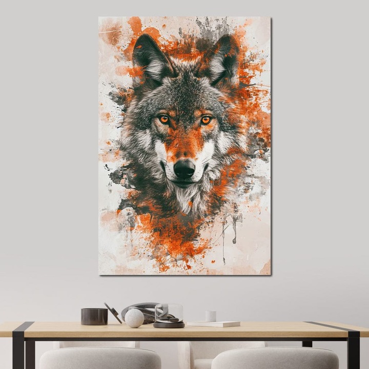 Премиум Канава Картина, LuxCanva® M1469, Вътрешен Огън, 80 X 120 СМ, 100% Памучно Платно 400гр/м2, Дървена Рамка, Вълк, Портрет, Животно, Диво, Поглед, Очи, Огън, Дух, Интензивен, Картина, Абстрактен, Офис, Хол, Детска Стая