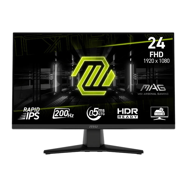 MSI MAG 242F Gaming monitor, 23.8", FHD (1920×1080), Rapid IPS, 200Hz, 0.5ms (GTG), 300 cd/m², 100% sRGB, HDR Ready, AMD FreeSync™ Premium, HDMI 2.0b, DisplayPort 1.2a, Fejhallgató kimenet, Dönthető, VESA 100×100 mm, Fekete