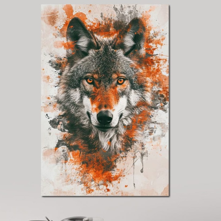 Tablou Canvas Premium, LuxCanva® M1469, Focul Interior, 80 X 120 CM, Panza Bumbac 100% 400g/m2, Sasiu Lemn, Lup, Portret, Animal, Salbatic, Privire, Ochi, Foc, Spirit, Intens, Pictura, Abstract, Birou, Living, Camera Copil