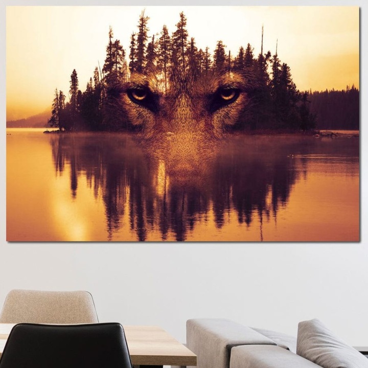 Tablou Canvas Premium, LuxCanva® M1470, Spiritul Padurii, 80 X 120 CM, Panza Bumbac 100% 400g/m2, Sasiu Lemn, Ochi, Privire, Gardian, Padure, Lac, Apus, Reflexie, Codru, Mister, Natura, Birou, Living, Camera Copil