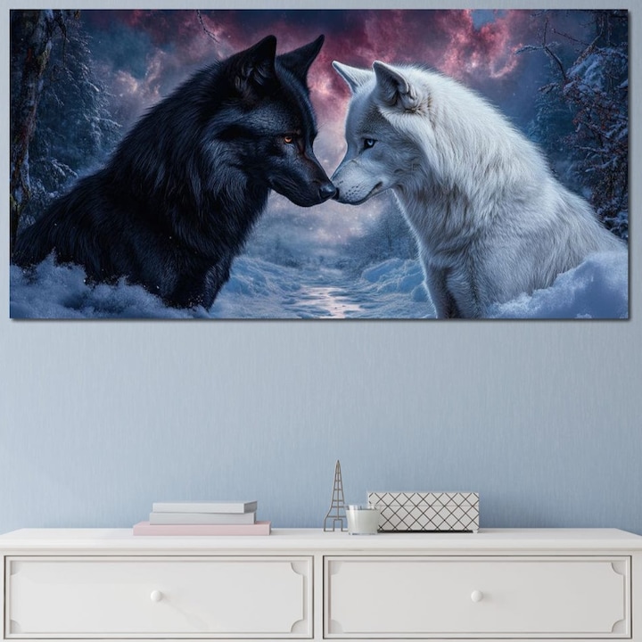 Tablou Canvas Premium, LuxCanva® M1471, Eternul Impreuna, 70 X 140 CM, Panza Bumbac 100% 400g/m2, Sasiu Lemn, Pereche, Iubire, Destin, Lupi, Alb si Negru, Noapte, Amurg, Zapada, Poveste, Drum, Birou, Living, Camera Copil