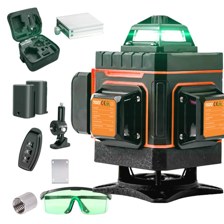 4D лазерен нивелир VarioShop®, 16 зелени линии, обхват 40 м, IP54, с дистанционно управление, стойка за стена, включени батерии, чанта за носене, устойчив на прах, черен