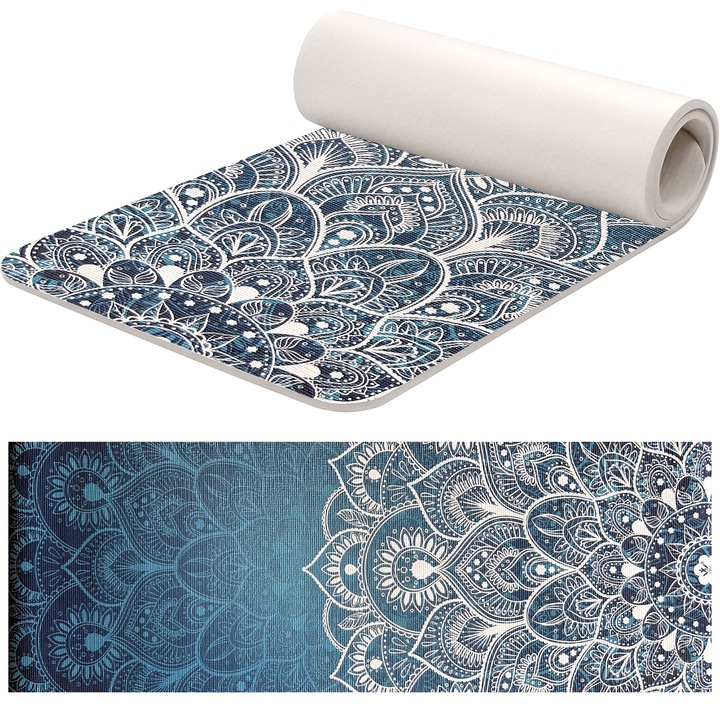 Йога постелка TECHFIT® "Blue Print", включена каишка за носене, размер 173 x 61 см, дебелина 0.6 см, цвят син с отпечатан дизайн