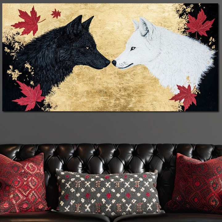 Tablou Canvas Premium, LuxCanva® M1473, Sub Frunze de Artar, 70 X 140 CM, Panza Bumbac 100% 400g/m2, Sasiu Lemn, Abstract, Simetrie, Oglinda, Lupi, Pereche, Frunzis, Auriu, Legatura, Artar, Simbolic, Birou, Living, Camera Copil