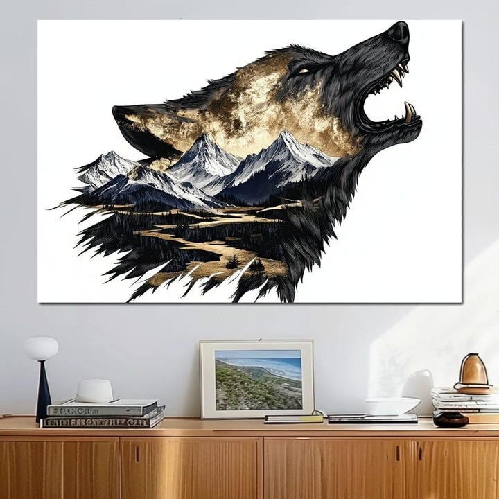 Премиум Канава Картина, LuxCanva® M1474, Зовът на планините, 80 X 120 СМ, 100% Памучно Платно 400гр/м2, Дървена Рамка, Вик, Кучешки зъби, Свиреп, Вълк, Планини, Пейзаж, Доминиращ, Дива природа, Природа, Пътека, Офис, Хол, Детска стая