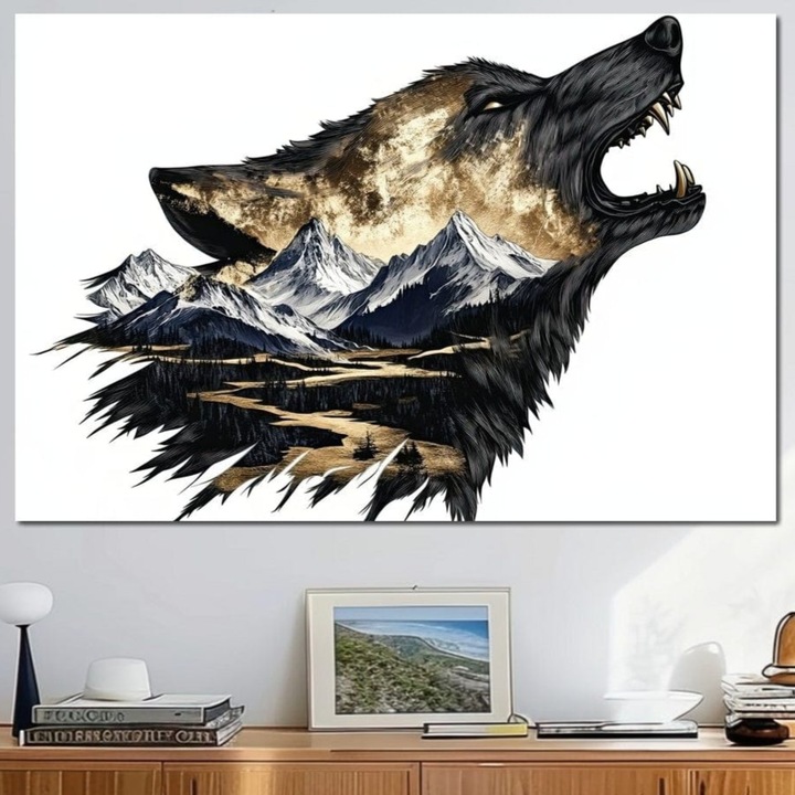 Tablou Canvas Premium, LuxCanva® M1474, Chemarea Muntilor, 80 X 120 CM, Panza Bumbac 100% 400g/m2, Sasiu Lemn, Strigat, Colti, Fioros, Lup, Munti, Peisaj, Dominant, Salbaticie, Natura, Carare, Birou, Living, Camera Copil