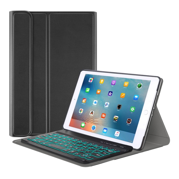 Husa de protectie flip cover pentru tableta compatibila cu Apple iPad Mini 4/Mini 5, CozyTab, suport stylus, tastatura wireless magnetica, RGB, piele ecologica, Negru