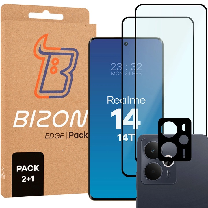 Комплект 2x Стъкло + стъкло за обектив, Bizon Glass Edge Pack За Realme 14 5G / 14T 5G
