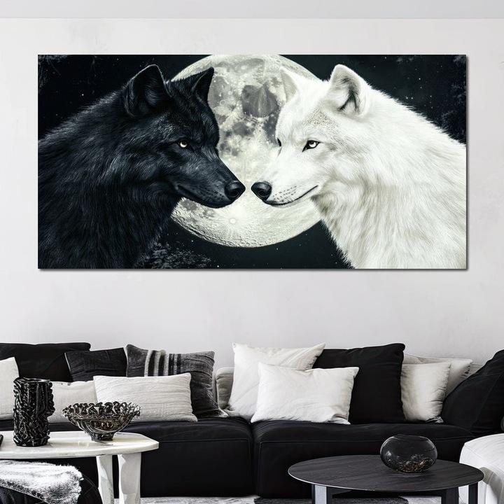 Премиум Картина от Канава, LuxCanva® M1476, Съюз под Луната, 70 X 140 СМ, 100% Памучно Платно 400гр/м2, Дървена Рамка, Пълна Луна, Звезди, Нощ, Вълци, Двойка, Връзка, Заедно, Съдба, Контраст, Дуалност, Офис, Хол, Детска Стая
