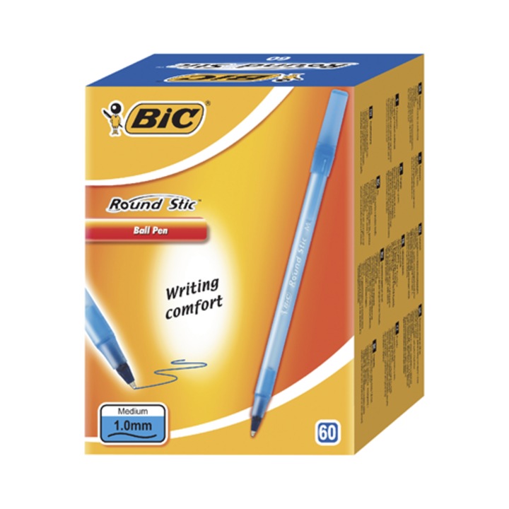 Pixuri cu bilă Bic Round Stic, albastru, set 60 bucăți, vârf mediu, corp semitransparent