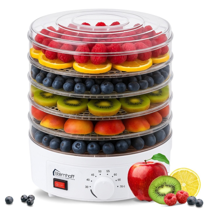Uscator de alimente Sternhoff, Aparat Deshidrator Profesional pentru Fructe, Legume, Ciuperci, Ierburi, Carne, Peste, Putere 600W, 5 Tavi Detasabile, Control Temperatura 35-70C cu 8 Nivele, Diametru Tavi 27cm, Culoare Alb Transparent