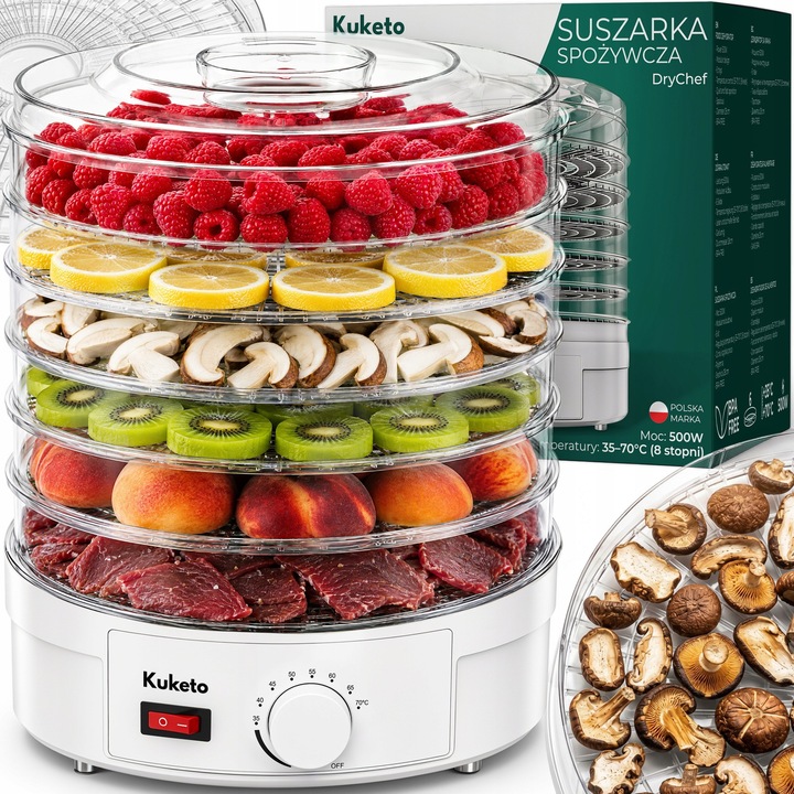 Uscator de alimente Kuketo, 6 tavi, 500 W, temperatura reglabila 35-70°C, 16,6 l, carcasa transparenta, fara BPA
