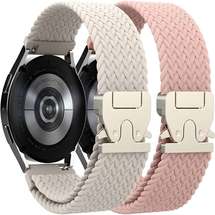 Комплект 2 каишки за часовник за Huawei Watch GT2, GT3, GT3pro, Samsung Galaxy Watch 4/5/6/7, или всеки смарт часовник с ширина на каишката 20 мм, еластичен найлон, регулируема, закопчалка тип парашут, бял/розов