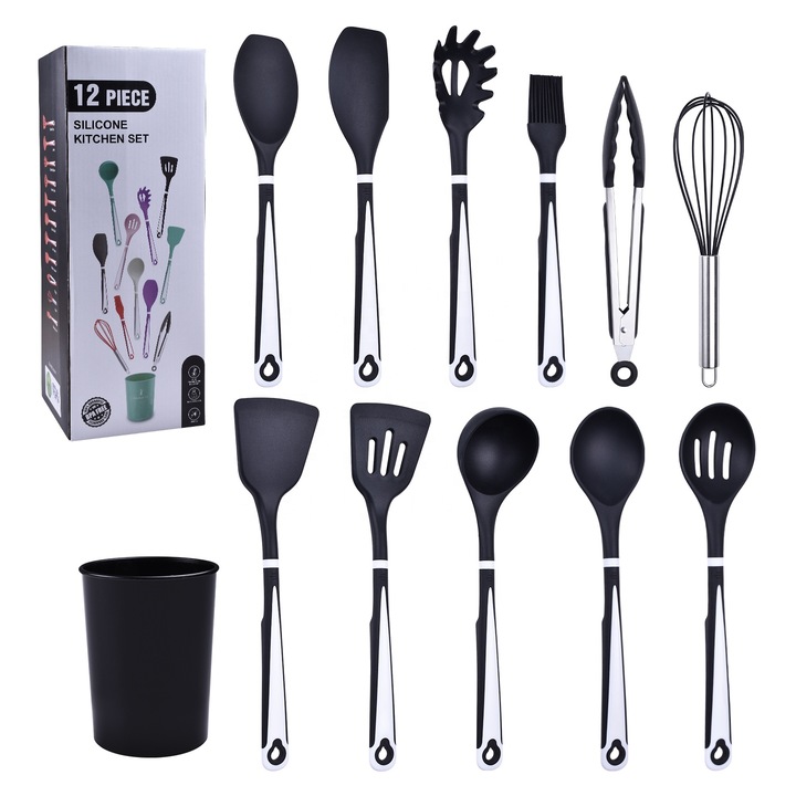 Set ustensile bucatarie 12 piese – lemn + silicon alimentar, termorezistente, suport blat negru