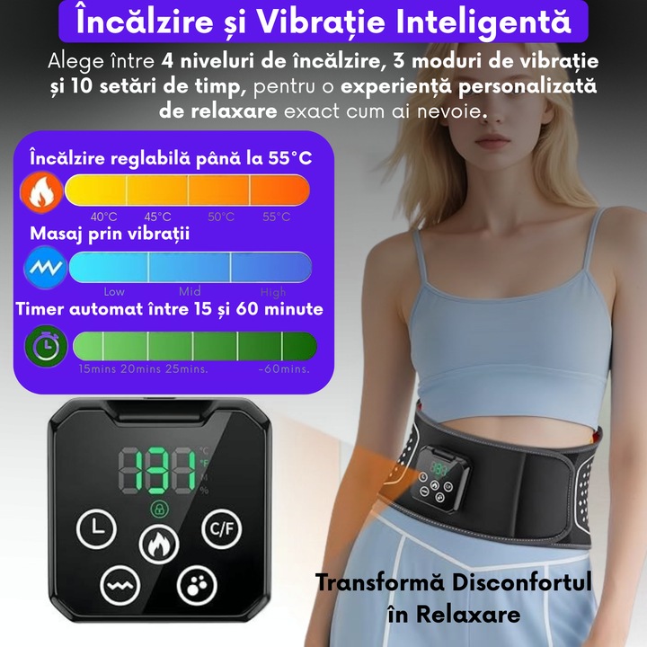 Centura Lombara cu Masaj JustNet® 3in1, Incalzire + Vibratii + Compresie Aer, Wireless USB-C, 4 Airbaguri, Baterie Reincarcabila, Pentru Dureri de Spate, Recuperare, Acasa Birou sau Masina