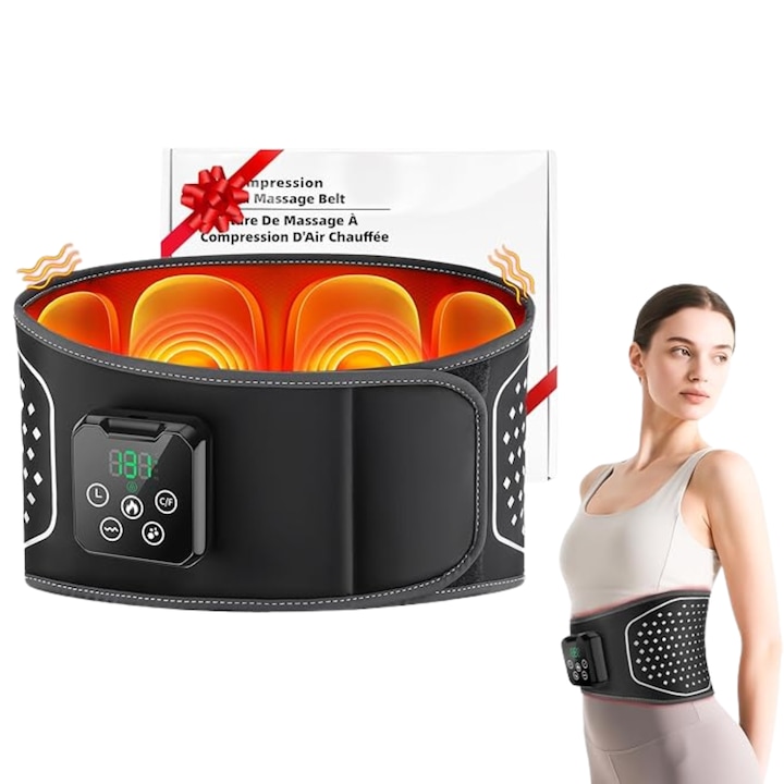 JustNet® Derékmasszázs Öv, 4 Fokozatú Fűtéssel és 4 Légpárnás Kompresszióval, 3 Szintű Vibrációs Masszázs, Vezeték Nélküli, Újratölthető, Elektromos Deréköv Hátfájásra, Otthoni vagy Irodai Relaxációhoz, Fekete