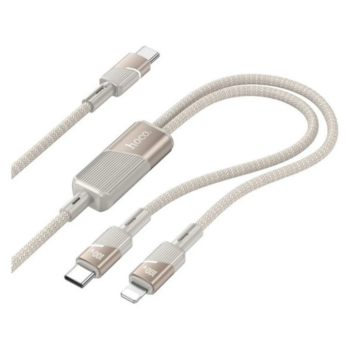 Hoco u139 adatkábel 2in1, type-c - lightning és type-c végek, 100w, gyorstöltő, 120cm, cipőfűző, arany