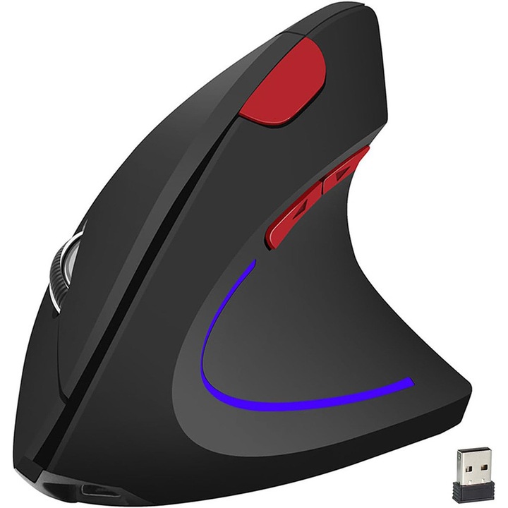 Mouse wireless ergonomic, Mingzhi®, mouse vertical reincarcabil cu receptor USB si conexiune Bluetooth, 6 butoane si 800/1200/1600 DPI, compatibil cu ferestre, macOS