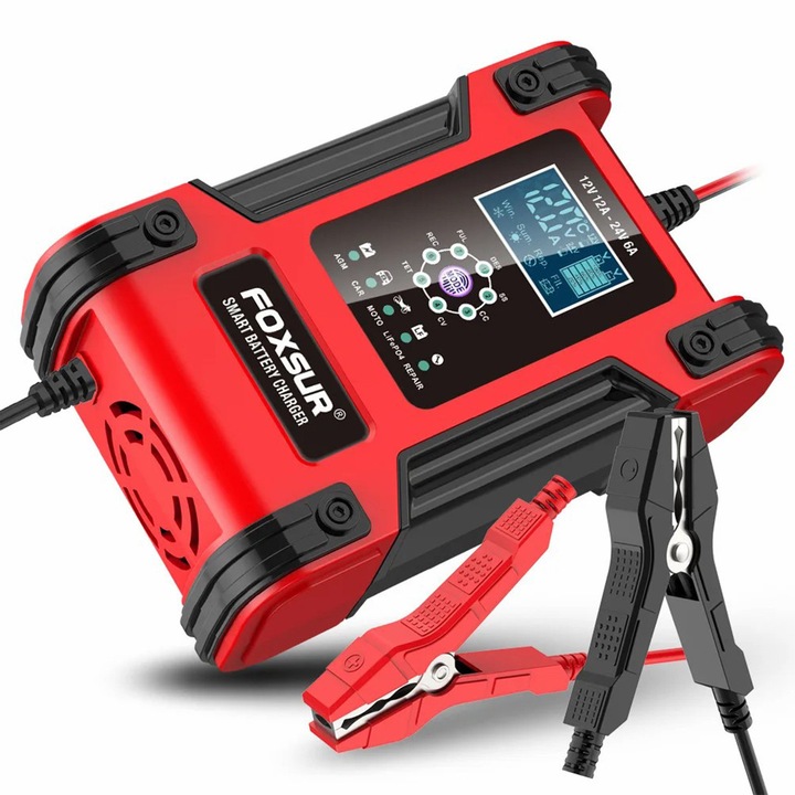 Redresor rapid FOXSUR Incarcare Rapida Pe 7 Niveluri, Power bank auto, 12-24V, 12A, Pb-acid, AGM, EFB, LiFePO4 Rosu/Negru