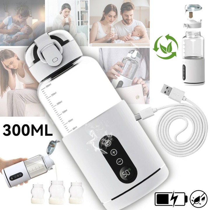 Incalzitor Portabil pentru Biberon, Tressino, 4 Trepte Temperatura 37-55°C, Incalzire Rapida cu Afisaj Digital, Pentru Lapte sau Apa, Wireless, USB-C, Baterie 5200mAh, Capacitate 300ml, Material Sigur pentru Alimente, Mentine Temperatura, Alb