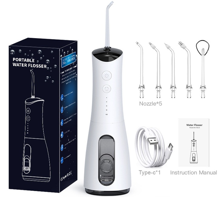 Vízfogselyem, önfeltöltő pumpa, 4 tisztítási mód, 5 speciális fej, 1600 impulzus/perc nyomás, IPX7 vízállóság, 300 ml-es tartály, hosszú üzemidő, fehér｜fekete