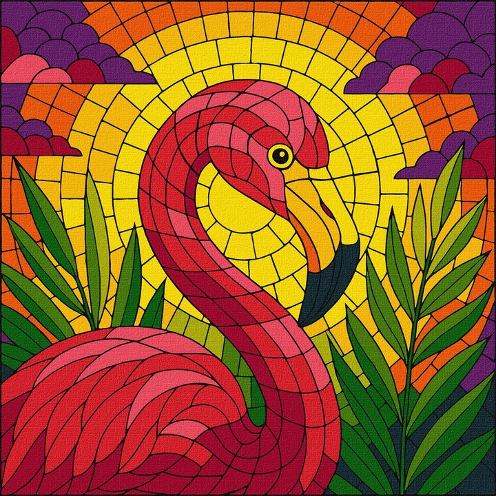 Set pictura pe numere, cu sasiu, Vitraliu cu flamingo, 30x30 cm