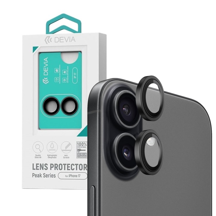 Folie Sticla Devia Camera Peak Series compatibila cu iPhone 17 Negru, pachet de 2 buc