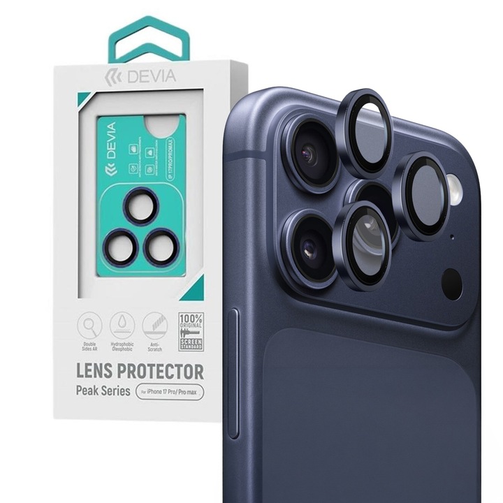 Folie Sticla Devia Camera Peak Series compatibila cu iPhone 17 Pro/ 17 Pro Max Albastru, pachet de 3 buc