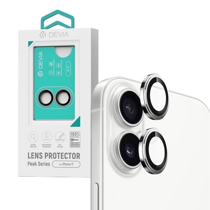 Folie Sticla Devia Camera Peak Series compatibila cu iPhone 17 Argintiu, pachet de 2 buc